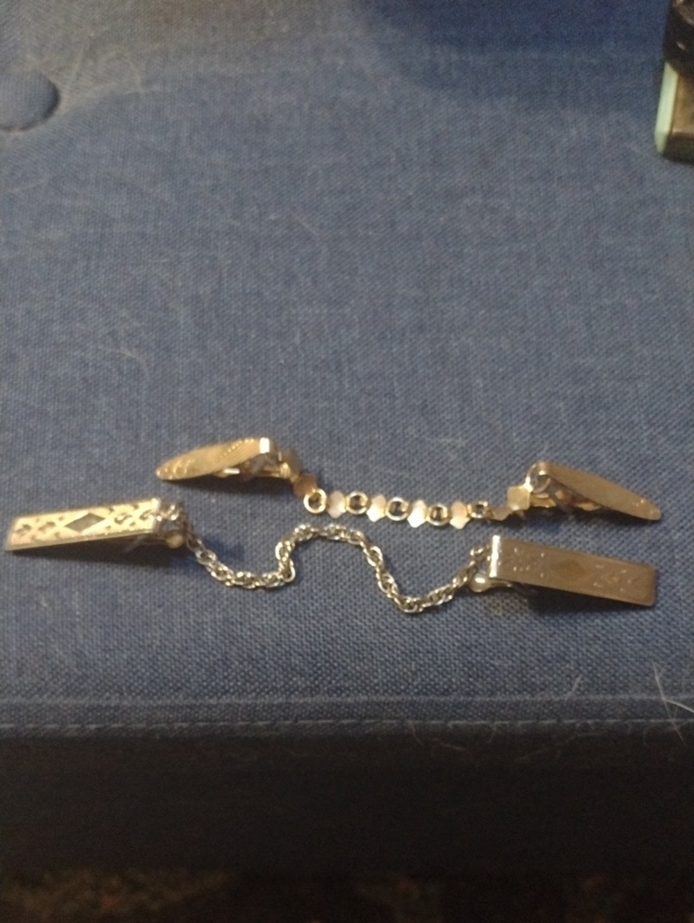 Two Vintage Sweater Clips with Chain One Silver Tone And One Gold Tone